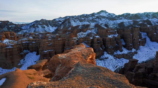 Charyn Grand Canyon with orange rock walls. Almaty