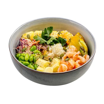 Isolated portion of shrimp vegetables poke bowl