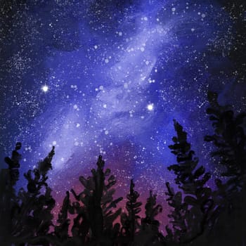 Hand drawn illustration of night stars in forest wood mountains hills, dawn woodland. Dark scene landscape, oil painting texture, sunset outdoor adventure, nature design mist fog panorama light, pine fir trees.