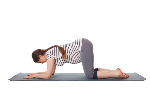 Pregnancy yoga exercise - pregnant woman doing asana Balasana - child pose isolated on white background