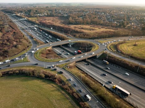 UK M25 Motorway Junction Aerial View at Rush Hour