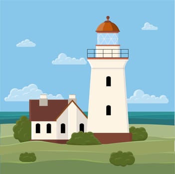 Illustration with lighthouse and houses on island.