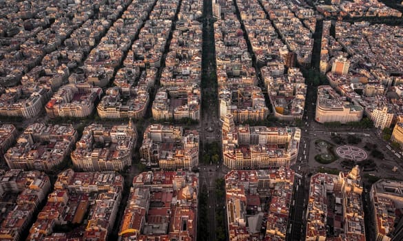Barcelona City Spain Apartment and City Blocks at Sunset Aerial View