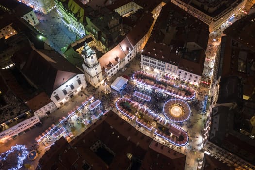 Aerial View of a Christmas Market at Night