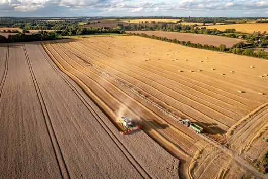 A Combine Harvester in a Field During the Summer Harvest Seen from the Air