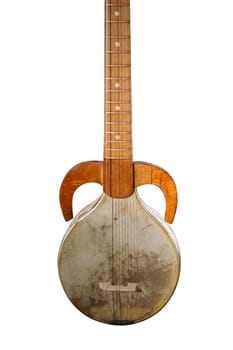 An ancient Asian stringed musical instrument on a white background