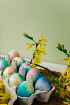 Colorful dyed easter eggs in blue and red shades