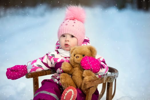 A little girl sits in a wooden sled with a teddy bear in winter. Child on a winter walk.