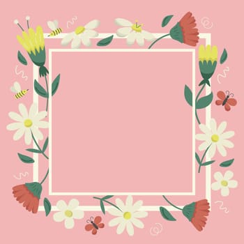 Spring flowers square on pink background with different flat flowers. Vector frame of floral plants, banner template