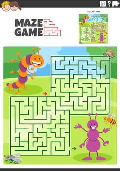maze game activity with cartoon insects characters
