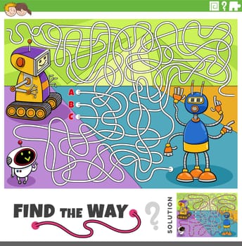 find the way maze game with cartoon robots characters