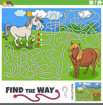 find the way maze game with cartoon horses farm animals