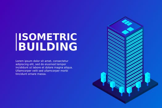 Smart city or intelligent building isometric vector concept. Modern smart city urban planning and development infrastructure buildings