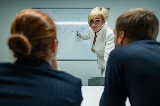 Caucasian woman blonde leads a presentation for colleagues.