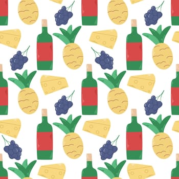 Fruit, cheese and wine seamless pattern