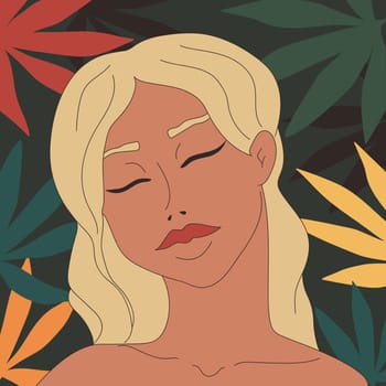 Hand drawn blonde woman in a forest. Female beauty and nature theme. Young woman with closed eyes on a background of leaves of different colors. Vector art