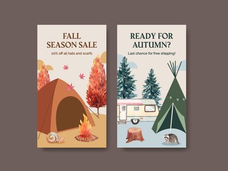 Instagram template with autumn camping concept,watercolor style