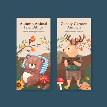 Flyer template with autumn animal concept,watercolor style