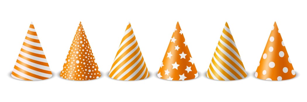 Vector 3d Realistic Orange and White Birthday Party Hat Icon Set Isolated on White Background. Party Cap Design Template for Party Banner, Greeting Card. Holiday Hats, Cone Shape, Front View
