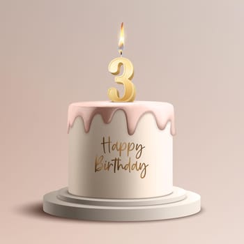 Three Years. Vector Birthday Anniversary Sweet Cake. Greeting Card, Banner with 3d Realistic Burning Golden Birthday Party Candle, Number, Flame. Icon Design Template for Birthday Concept. Front View