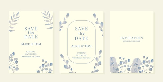 Wedding pemplates with blue watercolor leaves and branches