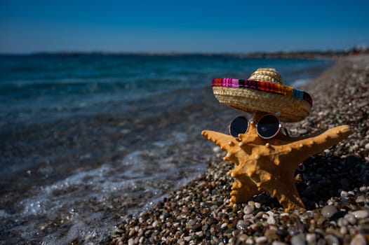 Starfish in sombrero and sunglasses on a pebble beach by the sea.