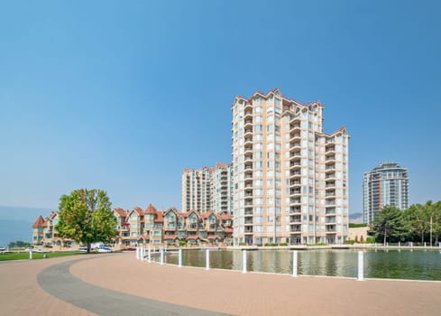 Luxury residential buildings with boat pier at the entrance