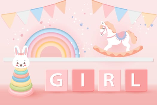 3D baby shower for girls. Children's toys rainbow, pyramid and rocking horse in pastel colors on a starry background. Game room background