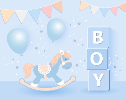 Web3D baby shower for boys. Children's toys, rocking horse and balloons in pastel colors on a starry background.