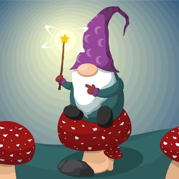Cute Cartoon Gnome On Mushroom