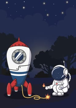Cute Cartoon Astronaut Igniting Rocket