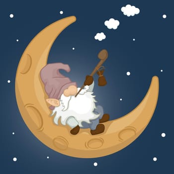 Cute Gnome Smoking On Crescent Moon