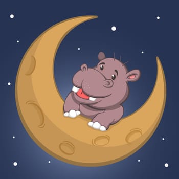 Cute Cartoon Hippo Hanging On The Moon