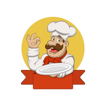 Chef Holding Plate On The Left Hand Mascot Logo