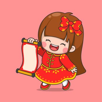 Cute Chinese New Year Girl Holding Scroll