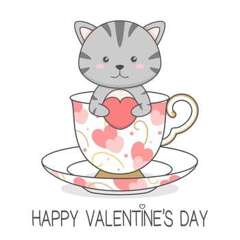 Cute Cat In A Cup Holding Heart Valentines Day