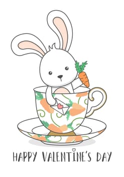Cute Bunny In A Cup Holding Carrot And Love Letter Valentines Day