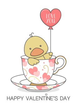 Cute Duckling In A Cup Holding Balloon Valentines Day
