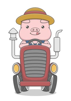 Cute Pig Farmer Riding Tractor