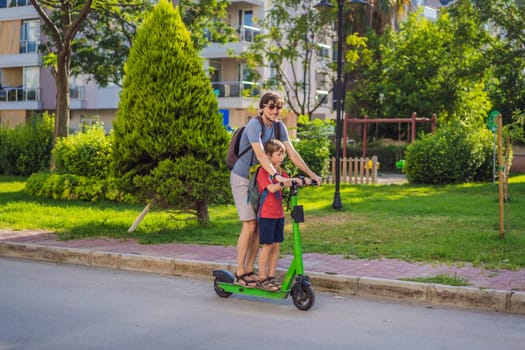 The father riding the electric scooter with his son in the city