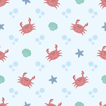 cute summer crab starfish and shells seamless pattern