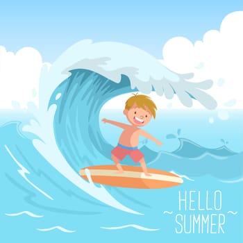 cute kid surfing on big wave hello summer