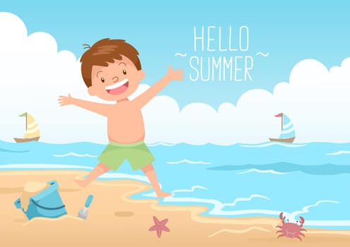 happy kid jumping hello summer