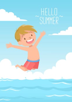 cute kid jumps to swim hello summer