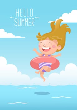 cute girl jump to swim with swimming donut hello summer