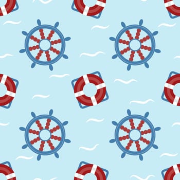lifebuoy rescue donut and ship steering wheel seamless pattern