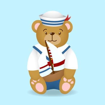 cute teddy bear wearing sailor uniform costume holding sail boat