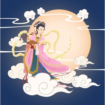 mid autumn festival moon goddess holding moon cake with big moon background