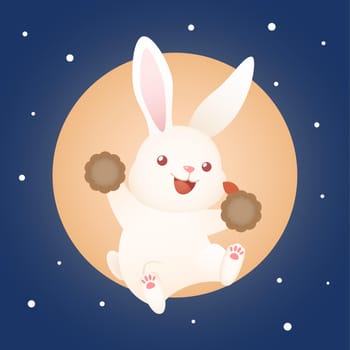 cute mid autumn festival rabbit bunny holding moon cake with big moon background