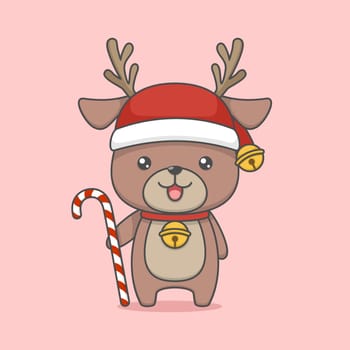 Cute Cartoon Christmas Reindeer Holding Candy Cane